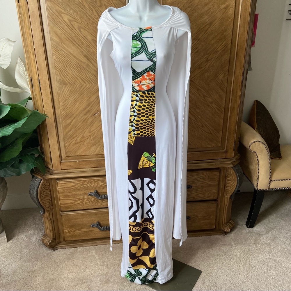 White Animal Print Ethnic Pattern Cape Maxi Sheath Dress